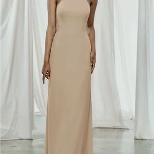 Amsale Women’s Sz 4 Sophia Dress Flowy Chiffon Halter Neck High Collar Fawn $270